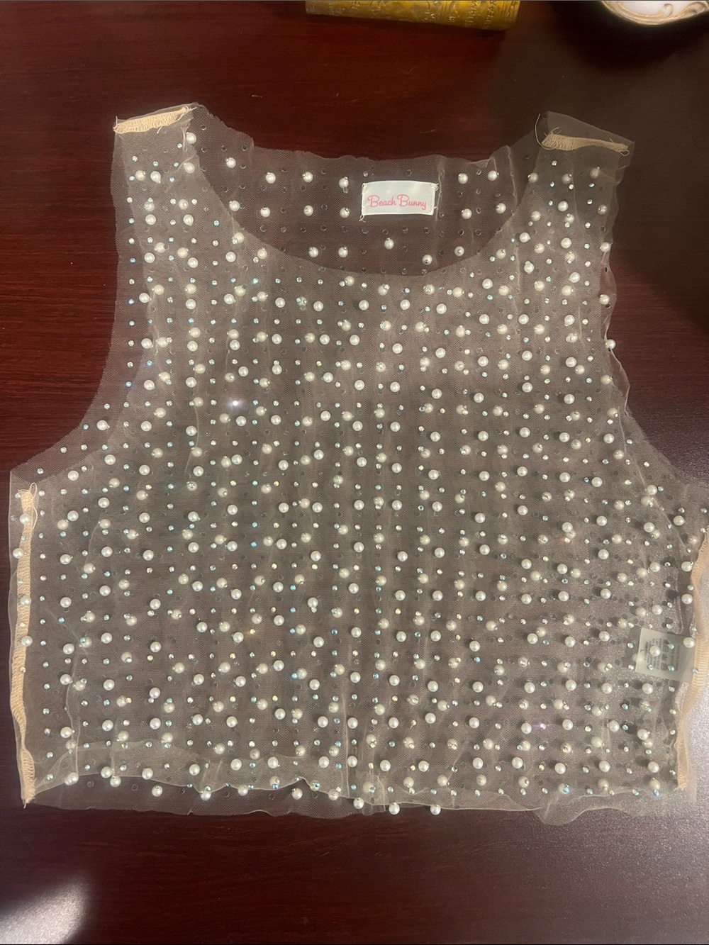 Beach Bunny Pearl-Embellished Sheer Crop Camisole and matching skirt - Picture 2 of 7